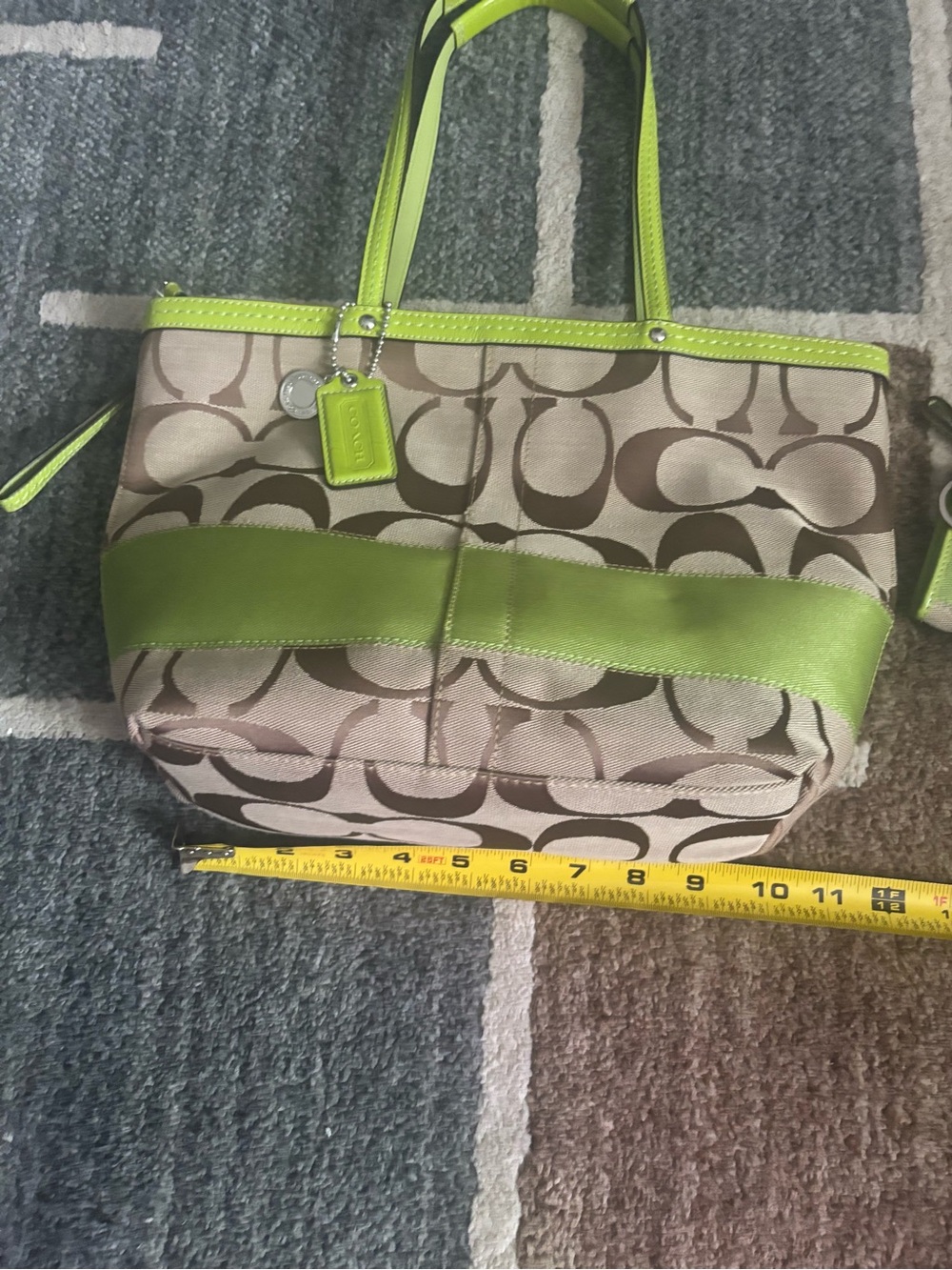 Coach Beige Signature Canvas Tote with Lime Green Trim - Picture 3 of 6